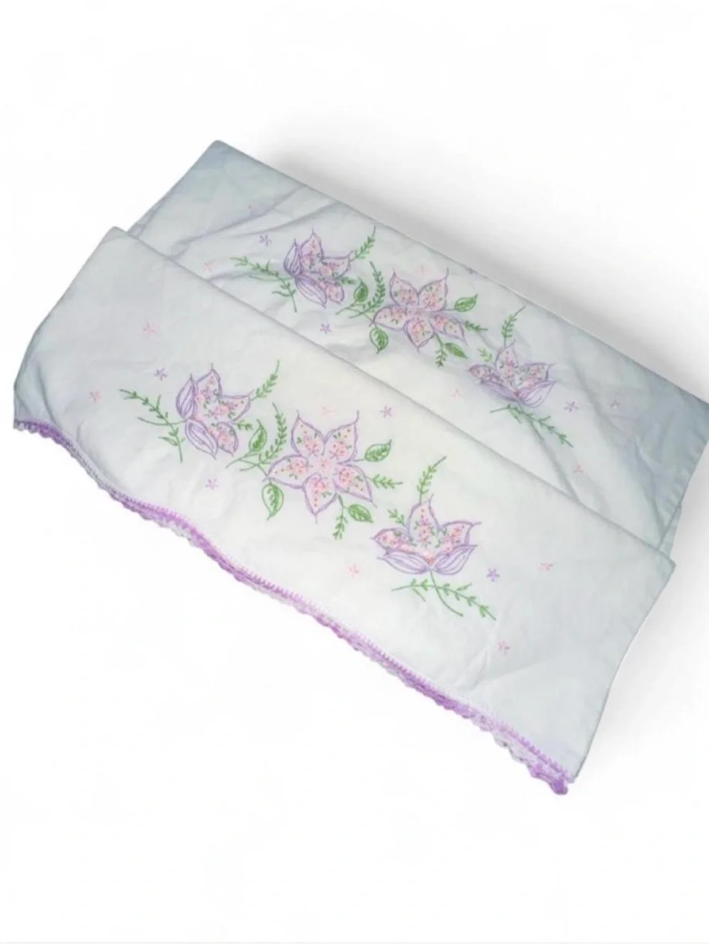 Vintage Embroidered Floral Pillowcase Pair in Lavender and White